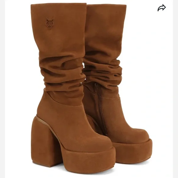 NAKED WOLFE Tan Genuine Suede Leather Platform Knee-High Boots - Picture 5 of 9